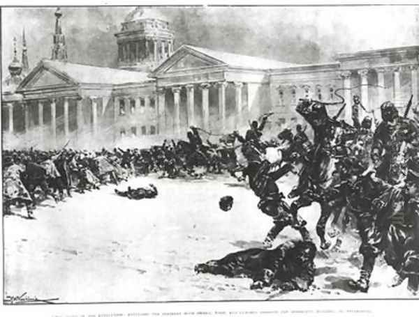 First Blood in the Revolution Repulsing the Strikers with Sword Whip and Gunshot opposite the Admiralty Building St Petersburg Oil Painting by H.W. Kockkock