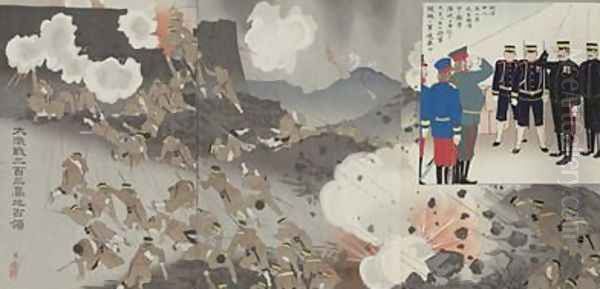 Great Battle for the Occupation of the 203 metre Hill Dai nihyakusan kochi senryo Meiji era Oil Painting by Kiyochika Kobayashi