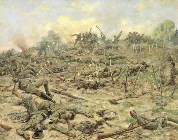 The Russian Infantry Attacking the German Entrenchments Oil Painting by Pyotr Pavlovich Karyagin