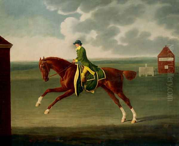 A Chestnut Racehorse with Jockey Up on Newmarket Heath Oil Painting by Benjamin Killingbeck