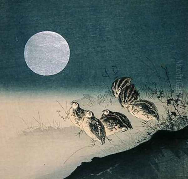 Quails and Full Moon Oil Painting by Tsukioka Kogyo