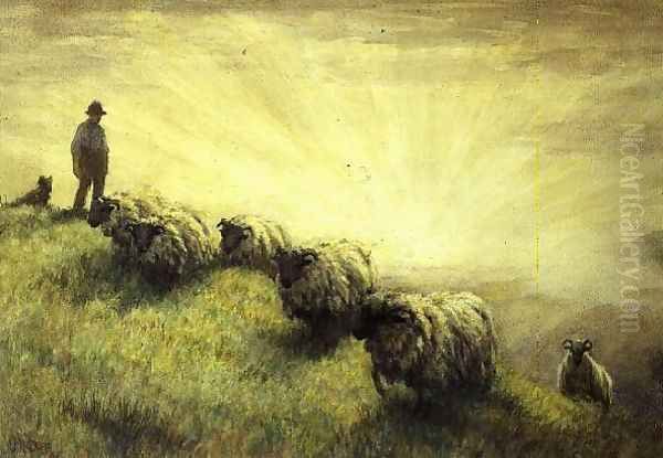 Shepherd Bringing Home his Flock Oil Painting by John Robert Keitley