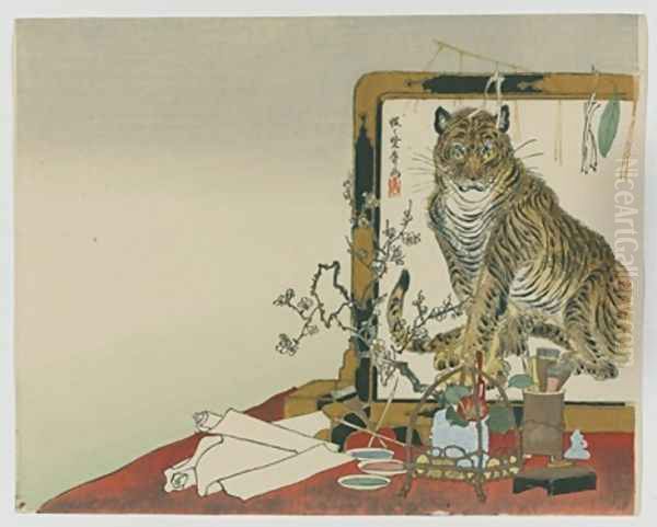 Standing Screen Tsuitate of a Tiger Oil Painting by Kawanabe Kyosai