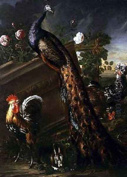 Peacock and Cockerels Oil Painting by David de Koninck