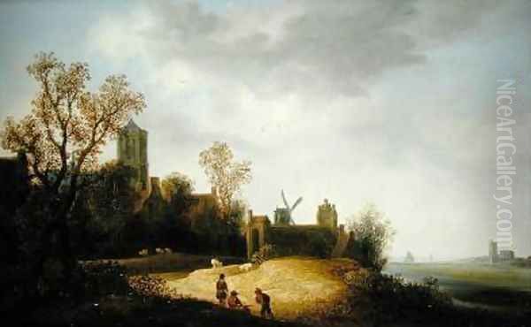 Landscape with Church and Windmill Oil Painting by Wouter Knyff