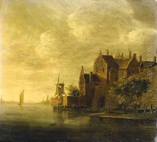 A fortified town on a river, with a sailing boat in the distance, at sunset Oil Painting by Wouter Knyff