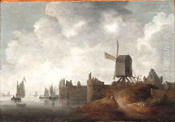 A river landscape with a windmill by a town Oil Painting by Wouter Knyff