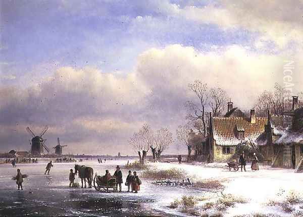 Snow Scene with Windmills in the Distance Oil Painting by Lodewijk Johannes Kleyn