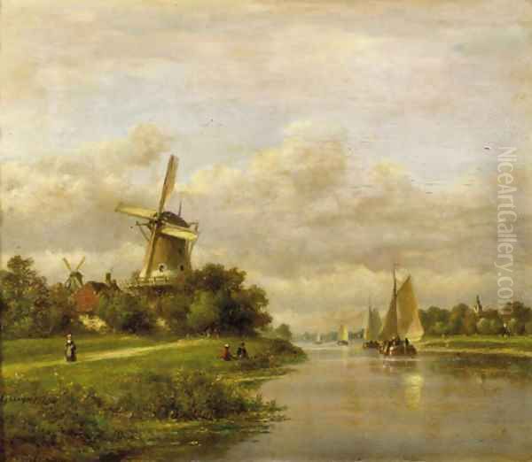 A summer landscape with vessels on a river Oil Painting by Lodewijk Johannes Kleyn