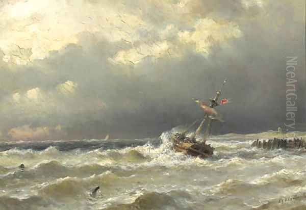 A sailing vessel caught in a storm off the coast Oil Painting by Lodewijk Johannes Kleyn