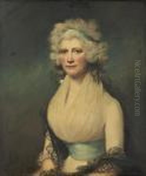 Portrait Of A Lady Traditionally
 Identified As Mrs Mary Gee, Half-length, In A White Dress And Black 
Lace Shawl Oil Painting by Richard Cosway