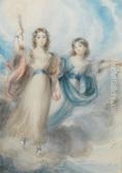 Two Allegorical Figures 
Representing Dawn; Onthe Left, Wearing White Robe With Blue Sash And 
Pink Drapery, Bluesandals, Her Curling Hair Worn Long, Her Right Arm 
Holding Aflaming Torch Aloft, On The Right, Wearing White Robe With 
Bluesash And Blue Oil Painting by Richard Cosway