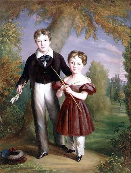 Double Portrait of Two Boys with Bows and Arrows Oil Painting by John King