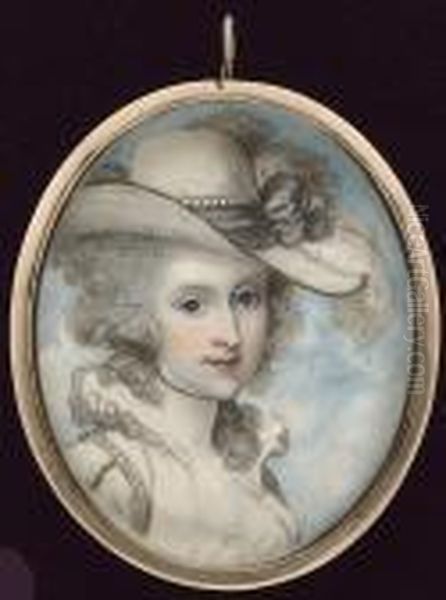 A Lady, Wearing White Dress With
 Ruff Collar, Pearls On Her Sleeve, Cream Hat With Black Trim Adorned 
With Black Ribbon, Pearls And Ostrich Feathers Oil Painting by Richard Cosway