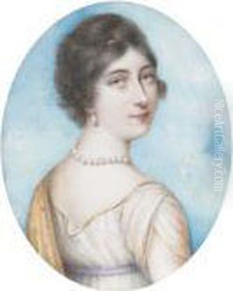 Countess Of Donoughmore (nee 
Hutchinson), In White Dress With Lilacsash, A Yellow Floral Stole Over 
Her Shoulders, Pearl Necklace Andearring; Sky Background Oil Painting by Richard Cosway