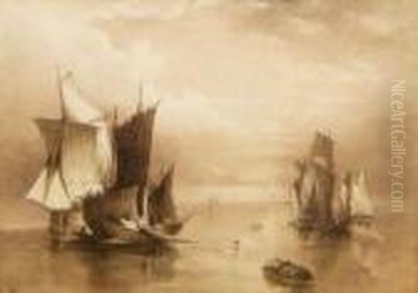 Becalmed Shipping Oil Painting by John Sell Cotman