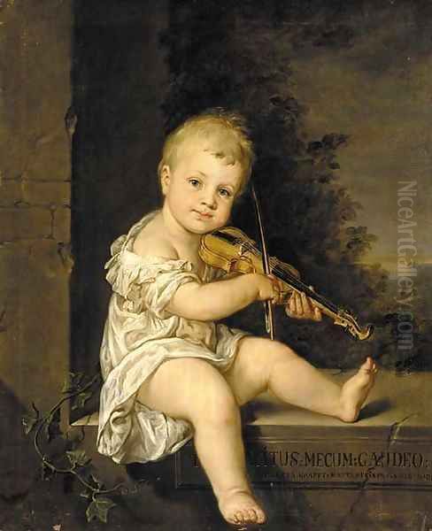 Portrait of the artist's son playing the violin, seated on a stone ledge in a landscape Oil Painting by Barbara Krafft