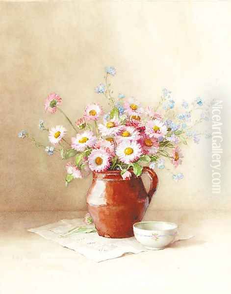 Still life of daisies and forget-me-nots in a ceramic jug Oil Painting by Elisabeth King