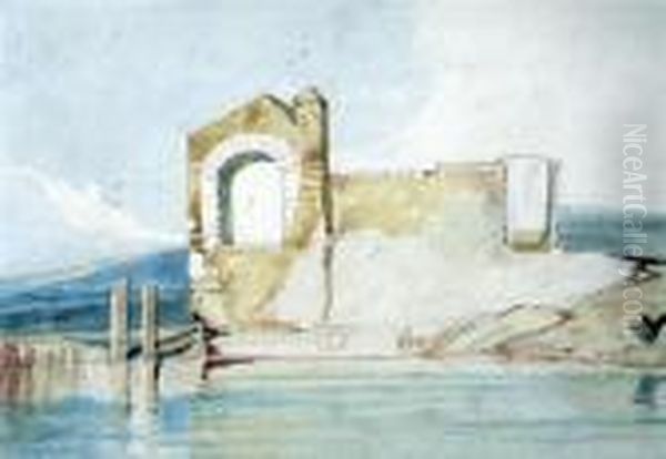 Ruins By A Lake Gerald Norman Gallery Label Verso Oil Painting by John Sell Cotman