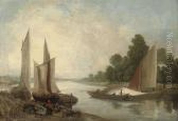 Hoisting Sail On A River Bend Oil Painting by John Sell Cotman