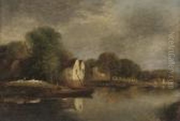 Cottages Along A River Bank Oil Painting by John Sell Cotman