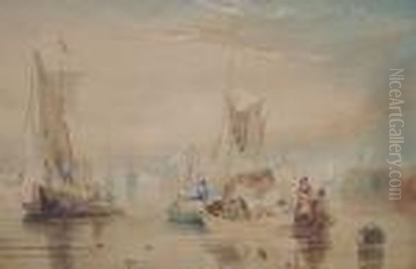 Figures In A Busy Harbour Scene; Watercolour, 31x46cm Oil Painting by John Sell Cotman