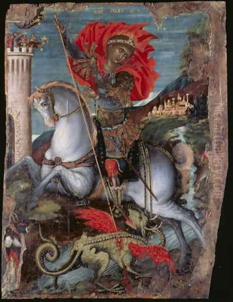 Icon of St George on Horseback Slaying the Dragon Oil Painting by Georgios Klontzas