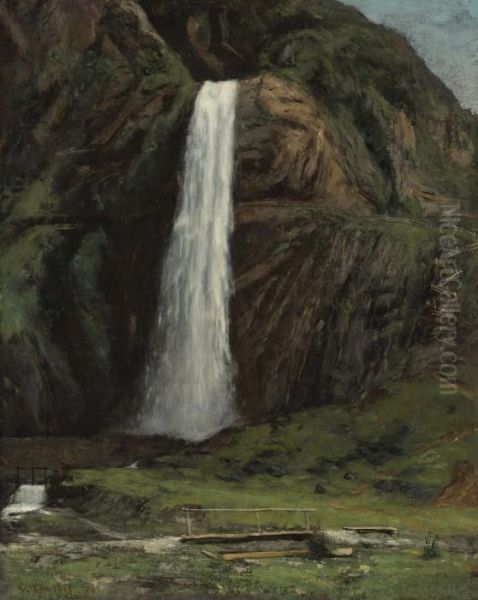 Un Pont Pietonnier Et Une Cascade En Montagne Oil Painting by Gustave Courbet