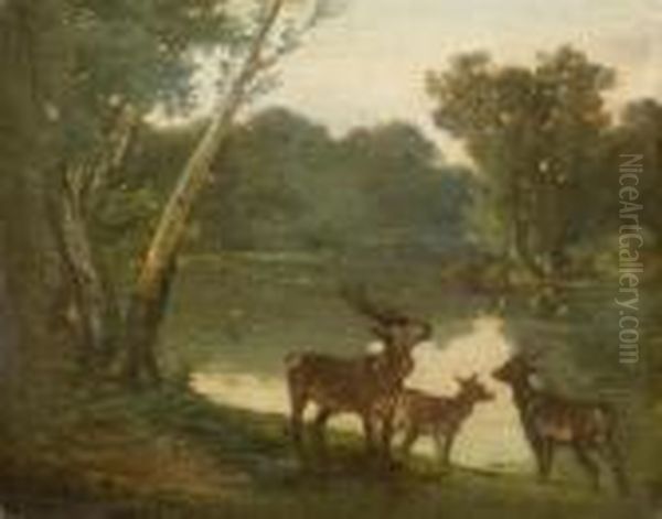 River Landscape With Roe Deer Oil Painting by Gustave Courbet