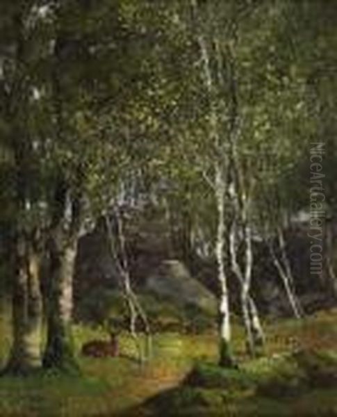 Resting Deer In A Forest Glade Oil Painting by Gustave Courbet