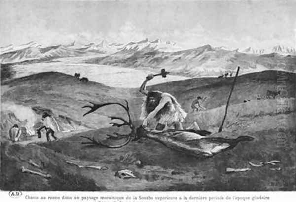 Reindeer hunting during the late Ice Age in a morainic landscape of high Souabe Oil Painting by Wilhelm Kranz