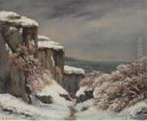 Falaises Au Bord De La Mer Sous La Neige Oil Painting by Gustave Courbet