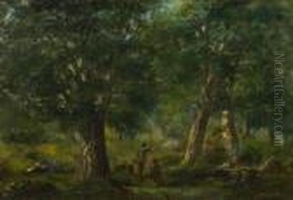 Szene De Chasse Dans Un Paysage De Sous-bois. Circa 1867. Oil Painting by Gustave Courbet