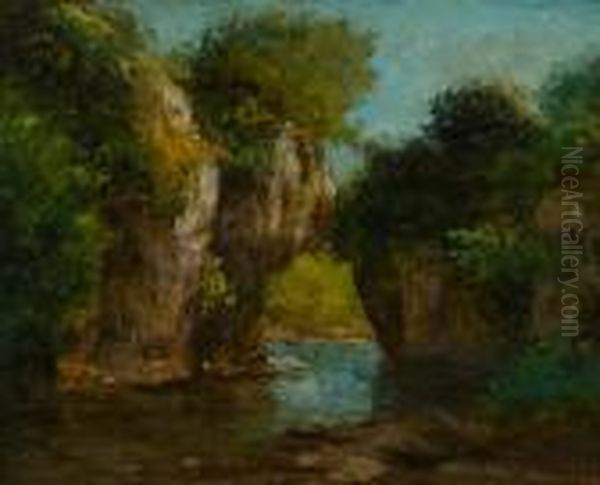 River Landscape With Rocks. Oil Painting by Gustave Courbet