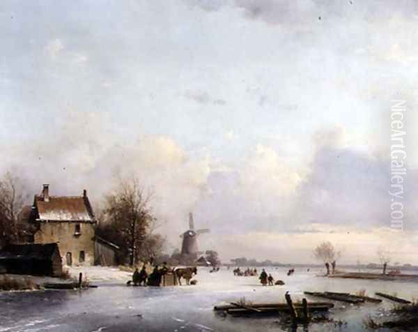 Skaters on a Frozen River Oil Painting by Laurens Johannes Kleijn