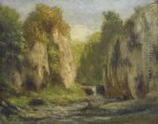 River Landscape With Rocks. Oil Painting by Gustave Courbet