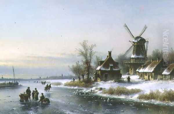 Windmill by a Frozen River Oil Painting by Laurens Johannes Kleijn