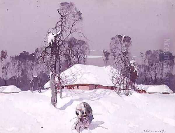 Old Lady Collecting Wood in the Snow Oil Painting by Sergei Kolessnikoff