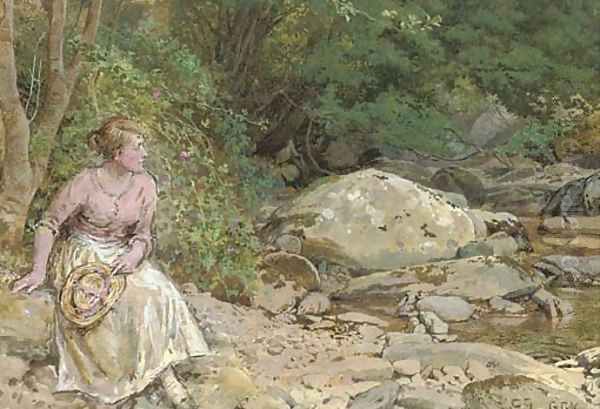 Lost in thought by a rockpool Oil Painting by George Goodwin Jnr Kilburne