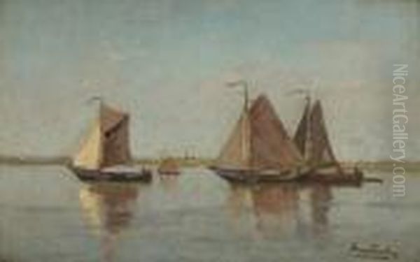 Barques De Peche Sous Voiles Par Temps Calme Oil Painting by Frans Courtens