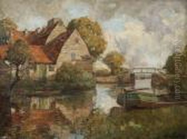 Gezicht Op Sluis Met Aak Aan Deoever Oil Painting by Frans Courtens