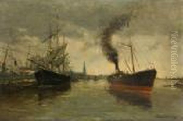 Cargos Mixtes Devant Le Portd'anvers Oil Painting by Frans Courtens