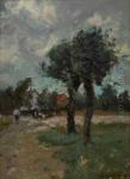 Paysage Avec Figures Et Habitations Oil Painting by Frans Courtens