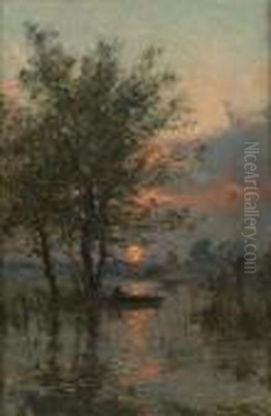 Pecheur Au Coucher Dusoleil Oil Painting by Frans Courtens