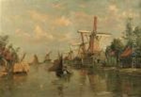 Zicht Op De Zaan: Mills Along The River Zaan Oil Painting by Frans Courtens