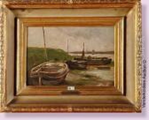 Barques En Bord De Riviere Oil Painting by Frans Courtens