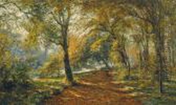 View Of A Park Withwoman Gathering Dead Wood Oil Painting by Frans Courtens