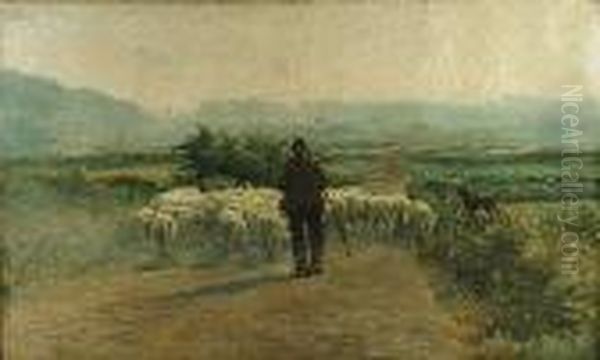 Berger Et Ses Moutons Dans Un Paysage Oil Painting by Frans Courtens