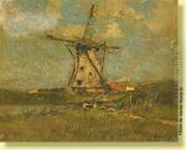 Pecheur Devant Le Moulin Oil Painting by Frans Courtens