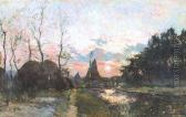 View Of A River In The Evening Oil Painting by Frans Courtens